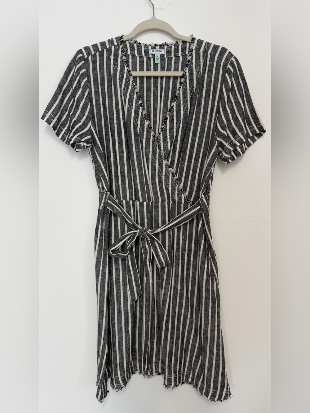 Susina Black and White Striped Wrap Midi Dress